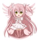  bow dress gloves goddess_madoka hair_bow hands_clasped highres kaname_madoka kuena long_hair magical_girl mahou_shoujo_madoka_magica pink_hair pink_legwear thigh-highs thighhighs ultimate_madoka very_long_hair white_gloves wings yellow_eyes zettai_ryouiki 