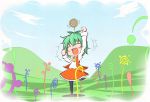  arms_up black_legwear blue_sky blush chibi clenched_hands closed_eyes dancing dress eyes_closed fang flower flower_field flower_on_head green_hair kazami_yuuka open_mouth pantyhose raised_fist red_dress rukimix shirt short_hair sky solo standing_on_one_leg sunflower touhou youkai 