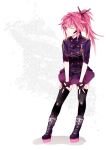  bad_id belt boots cul fingerless_gloves gloves hands_on_thighs hatsuko headset medal pink_eyes pink_hair ponytail skirt solo standing thigh-highs thighhighs vocaloid wink zettai_ryouiki 