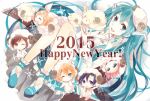  2015 2boys 4girls aqua_eyes aqua_hair blonde_hair blue_eyes blue_hair brown_eyes brown_hair chibi closed_eyes happy_new_year hatsune_miku kagamine_len kagamine_rin kaito long_hair megurine_luka meiko multiple_boys multiple_girls new_year one_eye_closed open_mouth redhead saamigu sheep very_long_hair vocaloid 