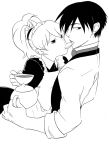  1girl apron biscuit black_hair bowtie butler cookie couple cup darker_than_black eating food formal grayscale greyscale hei incipient_kiss maid monochrome ponytail saneie sleeves_rolled_up suit teacup teapot white_hair yin 