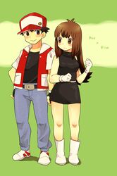  ass ass_grab baseball_cap black_dress black_eyes black_hair blue_(pokemon) blue_(pokemon)_(classic) blush boots brown_eyes brown_hair dress fingerless_gloves gloves hat highres leaf_(pokemon) leaf_(pokemon)_(classic) long_hair pokemon pokemon_(game) pokemon_blue pokemon_red_and_green pokemon_rgby pumpkinpan red_(pokemon) red_(pokemon)_(classic) standing 