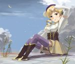  beret blonde_hair boots breasts cloud clouds corset detached_sleeves drill_hair hair_ornament hat kanokoga magical_girl mahou_shoujo_madoka_magica moon plant pleated_skirt raised_arm sitting skirt solo star_(sky) thigh-highs thighhighs tomoe_mami yellow_eyes 