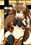  ahoge animal_ears antenna_hair bad_id black_gloves blazblue blush breasts brown_hair character_name eijsvl fang fingerless_gloves gloves makoto_nanaya midriff navel open_mouth red_eyes short_hair skirt solo squirrel_ears squirrel_tail tail thighhighs title_drop tonfa underboob weapon wink 