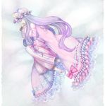  barefoot cloak closed_eyes crescent embellished_costume eyes_closed frills gathers hat lace lying millipen_(medium) patchouli_knowledge purple_hair ruffles sleeping solo touhou traditional_media yuura 