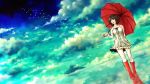  boots brown_eyes brown_hair cloud clouds dress original rubber_boots seafh sky solo umbrella water 