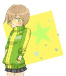  brown_hair glasses jacket persona persona_4 satonaka_chie short_hair sleeves_pushed_up smiley_face yellow-framed_glasses 