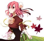  1girl absurdres bandage bandages cow_(shadow) double_bun dress flower green_dress hair_bun ibara_kasen ibaraki_kasen leaf maple_leaf odango pink_hair puffy_sleeves red_eyes short_hair solo touhou white_background 