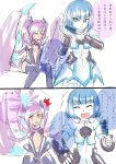  2girls 2koma blue_eyes blue_hair bracelet breasts chinese comb comic dress genderswap highres jewelry league_of_legends multiple_girls nam_(valckiry) personification pincers purple_hair short_hair skarner stinger sweat thigh-highs translated twintails xerath yellow_eyes 