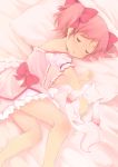  awl bad_id bare_legs bare_shoulders bow closed_eyes eyes_closed hair_bow highres kaname_madoka kyubey lying mahou_shoujo_madoka_magica off_shoulder pillow pink pink_hair short_twintails sleeping to_aru_awl twintails 