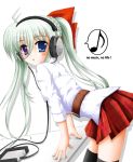  beyerdynamic einhart_stratos flipper green_hair hair_ribbon headphones heterochromia long_hair lyrical_nanoha mahou_shoujo_lyrical_nanoha mahou_shoujo_lyrical_nanoha_strikers mahou_shoujo_lyrical_nanoha_vivid musical_note ribbon speech_bubble spoken_musical_note spoken_note thighhighs twintails 