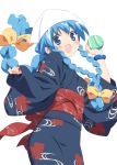  balloon blue_eyes blue_hair braid hat ikamusume japanese_clothes kimono long_hair peko pepepe shinryaku!_ikamusume tentacle_hair yukata 