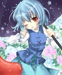  blue_dress blue_hair dress finger_to_face flower_field harukaruha highres long_tongue parasol red_eyes short_hair solo tatara_kogasa tongue tongue_out touhou umbrella wink 