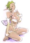  breasts copyright_request green_eyes green_hair kneeling navel nishieda pointy_ears short_hair simple_background sketch solo tan torn_clothes wings 