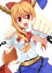  armpits belt blush body_mahattaya_ginga bow chain chains clenched_hands fang fighting_stance fist hair_bow horn_ribbon horns ibuki_suika open_mouth orange_hair red_eyes ribbon shirt skirt solo star star-shaped_pupils symbol-shaped_pupils touhou 