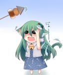  animal_ears bad_id barefoot bell blush cat_ears cat_tail chibi chikuwa fang food frog green_hair hair_ornament jingle_bell kemonomimi_mode kochiya_sanae konnyaku_(food) long_hair o_o oden reaching skirt snake solo tail tears touhou 