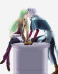  1girl blush boots c.c. capelet closed_eyes code_geass couple earrings eyes_closed gloves green_hair happy jacket jewelry kiss leg_warmers long_hair long_sleeves mao_(code_geass) pantyhose pleated_skirt short_hair silver_hair sitting skirt smile 