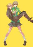  brown_hair carrying hanamura_yousuke ishiwari persona persona_4 princess_carry satonaka_chie school_uniform short_hair skirt 