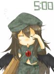  1girl bad_id black_hair chibi closed_eyes eiri_(eirri) hat long_hair no_nose reiuji_utsuho rubbing_eyes sleepy solo touhou wings 