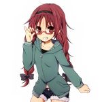  adjusting_glasses alternate_hairstyle amano_(els573) bespectacled bow braid glasses grin hair_bow hair_ornament hairband long_hair mahou_shoujo_madoka_magica red-framed_glasses red_eyes red_hair redhead sakura_kyouko shorts simple_background smile solo twin_braids twintails 