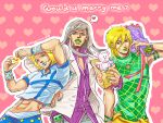  3boys blonde_hair bouquet brown_hair diego_brando flower gift gyro_zeppeli heart heart_hands hikoc johnny_joestar jojo_no_kimyou_na_bouken light_brown_hair lipstick looking_at_viewer makeup midriff multiple_boys nail_polish steel_ball_run stuffed_animal stuffed_toy teddy_bear 