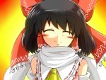 ^_^ ascot bad_id bare_shoulders black_hair blush bow closed_eyes detached_sleeves eyes_closed hair_bow hakurei_reimu happy miko perfect_cherry_blossom scarf short_hair smile solo sora_no_amagumo touhou 