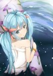  1girl ahoge bare_shoulders blue_eyes blue_hair cccpo denpa_onna_to_seishun_otoko futon hair_ribbon long_hair looking_back ribbon sky solo star_(sky) strap_slip touwa_erio twintails 