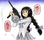  akemi_homura bespectacled black_hair bow braid glasses gun hair_bow hairband headband m3_greasegun mahou_shoujo_madoka_magica parody sailor-fuku_to_kikanjuu solo submachine_gun sweat translated tsukamoto_takashi twin_braids weapon 