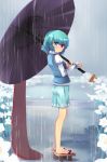  1girl blue_eyes blue_hair daffodil flower geta green_hair heterochromia karakasa_obake no_socks rain red_eyes shin_(new) short_hair skirt solo standing tatara_kogasa tongue touhou umbrella 