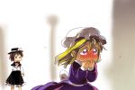  bad_id blonde_hair blush bow brown_eyes brown_hair capelet chibi covering covering_face covering_mouth dress hachi_(8bit_canvas) hat highres long_hair maribel_hearn multiple_girls open_mouth outstretched_arm purple_eyes running short_hair skirt sweatdrop tears touhou usami_renko violet_eyes 
