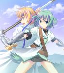  animal_ears armor blonde_hair blue dog_days dog_ears dog_tail eclair_martinozzi eyes green_hair shinku_izumi staff sword tail weapon 