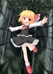  ascot bare_legs blonde_hair blush bow child darkness fang forest frills hair_bow natsu_no_koucha nature open_mouth outstretched_arms red_eyes rumia solo standing_on_one_leg the_embodiment_of_scarlet_devil touhou tree youkai 