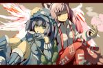  adnod cigarette fujiwara_no_mokou hand_on_head kawashiro_nitori multiple_girls sitting touhou 