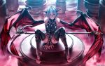  grey_hair red red_eyes rezi succubus tattoo weapon wings 