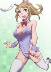  1girl adapted_costume animal_ears blue_eyes bowtie brown_hair bunnysuit detached_collar gundam gundam_build_fighters gundam_build_fighters_try hoshino_fumina long_hair paw_print ponytail rabbit_ears thigh-highs tyotyotyori wrist_cuffs 