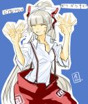  bad_id bow closed_eyes eyes_closed face fujiwara_no_mokou grin hair_bow hands ponytail sleeves_rolled_up smile solo suspenders tora_jun touhou translated translation_request 