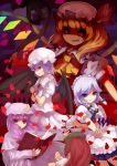  bad_id bat_wings book crazy_eyes fang flandre_scarlet from_behind hat highres hong_meiling izayoi_sakuya knife laevatein multiple_girls no_nose orangec patchouli_knowledge petals remilia_scarlet rose_petals smirk throwing_knife touhou weapon wings wrist_cuffs 