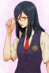  bad_id blue_eyes blue_hair glasses highres long_hair mushiba_natta necktie red-framed_glasses school_uniform solo tsurumi_chiriko 
