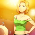  1girl afraid android_18 bald bare_shoulders blonde_hair blue_eyes clothed collarbone dragon_ball dragon_ball_z dragonball_z earring earrings hairu hand_on_hip hips jewelry kuririn midriff navel necklace off_shoulder ring short_hair standing strap_slip tank_top teeth text torn_clothes translated 