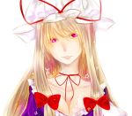  blonde_hair bow breasts choker cleavage collarbone colored_eyelashes hair_bow hat hat_ribbon lips long_hair payot portrait purple_eyes ribbon shion530 smile solo touhou violet_eyes yakumo_yukari 