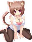  1girl animal_ears arm_support bad_id between_thighs black_legwear breasts brown_hair cat_ears cat_tail catgirl cleavage collarbone feet female jewelry kneeling large_breasts legwear_under_shorts necklace open_mouth original pantyhose purple_eyes short_shorts shorts sitting solo tail taut_shirt tsukumiya_amane violet_eyes wariza 