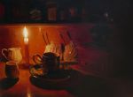 candle cup dark gemi glowing highres mug no_humans oil_painting_(medium) original painting saucer still_life traditional_media 