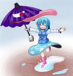  blue_eyes blue_hair blush closed_eyes eyes_closed ichimi long_tongue open_mouth outstretched_arms puddle rain rubber_boots smile solo tatara_kogasa tongue tongue_out touhou umbrella 