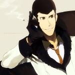  black_hair cigarette gloves lupin_iii necktie short_hair simple_background smile solo yellow_eyes zz 