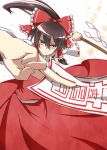  bow brown_hair cherry_blossoms detached_sleeves dress fighting_stance gohei hair_bow hair_tubes hakurei_reimu highres miko ponytail red_dress red_eyes solo spell_card touhou yutamaro 