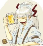  bad_id beer bust face fujiwara_no_mokou open_mouth shirt sleeves_rolled_up smile solo tora_jun touhou white_shirt 