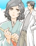  black_hair brown_eyes hair_ornament jacket japanese_clothes labcoat miko mushiba_natta okabe_rintarou short_hair skull skull_hair_ornament steins;gate trap urushibara_luka urushibara_ruka 