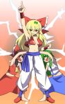  arm_up armpits ascot barefoot blonde_hair bow breasts brown_hair crop_top dragon_ball dragon_ball_z dragonball_z electricity fusion fusion_dance green_eyes green_hair hair_bow hair_tubes hakurei_reimu heterochromia kochiya_sanae leon_7 long_hair midriff multiple_girls navel no_bra open_clothes open_shirt pants parody pointing red_eyes sash shirt skirt smile super_saiyan touhou wristband 