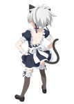  1girl alternate_costume animal_ears back bad_id cat_ears collar darker_than_black enmaided frilled_legwear from_behind hands_on_hips kemonomimi_mode maid mary_janes peko pepepe shoes silver_hair simple_background solo tail thighhighs wrist_cuffs yin 