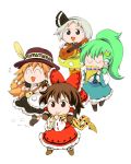  4girls :3 :d ^_^ alternate_hairstyle alternate_headwear apron blonde_hair blue_eyes bow braid brown_eyes brown_hair chibi closed_eyes detached_sleeves frog_hair_ornament green_hair guitar hair_bow hair_ornament hair_tubes hairband hakurei_reimu hat hat_feather ichizen_(o_tori) instrument kirisame_marisa kochiya_sanae konpaku_youmu long_hair multiple_girls open_mouth pan_flute ponytail recorder scarf short_hair side_braid single_braid smile touhou ufo white_hair 